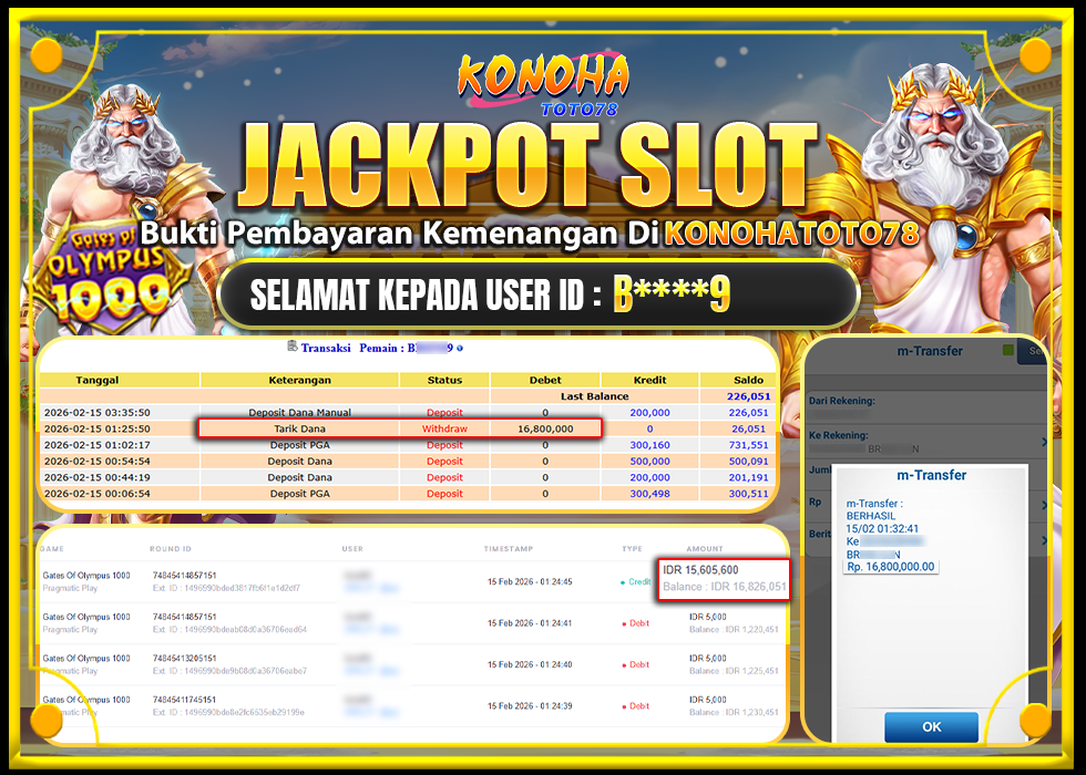 KONOHATOTO78 JACKPOT GATES OF OLYMPUS 1000 Rp.16.800.000,LUNAS